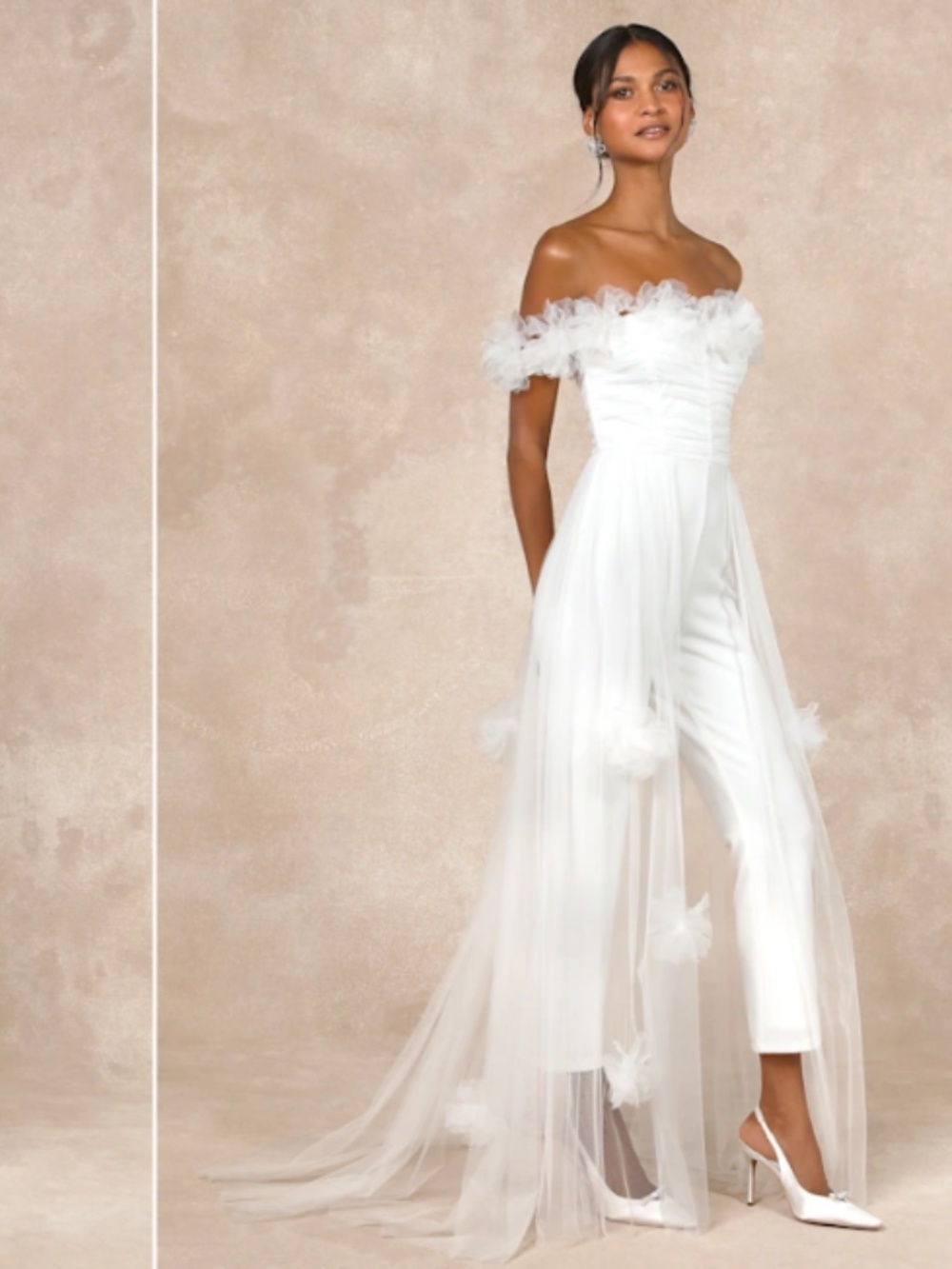 Lulu's White Off-Shoulder Tulle Overlay Jumpsuit